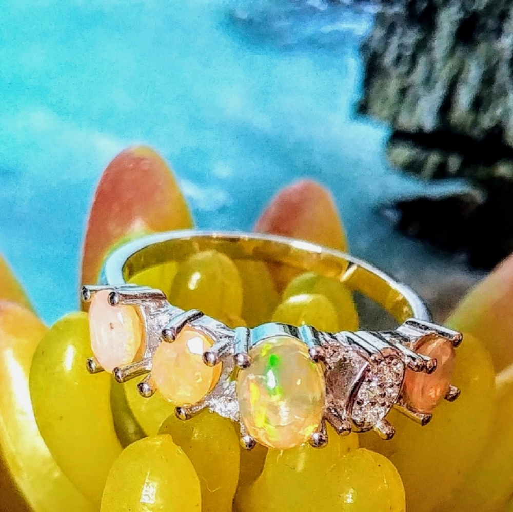 Genuine Opal & White Sapphire Ring